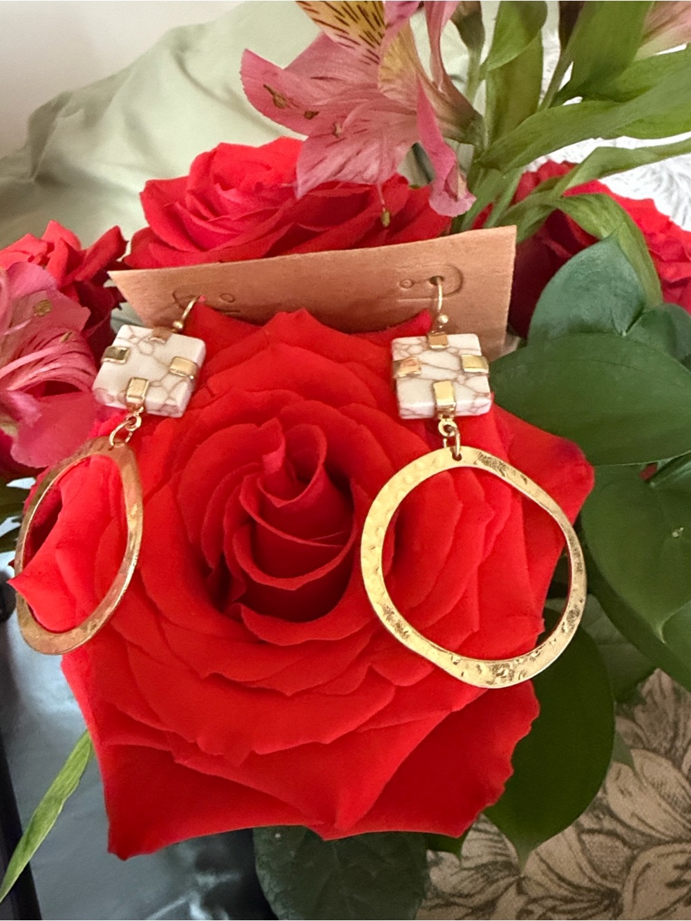 Gold Hoop Drop Earrings with White Mosaic Tile Accent